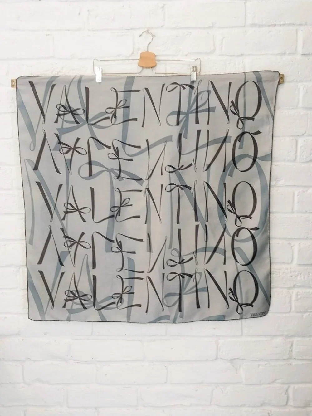 Valentino Large Square Scarf 100% Silk Blue Graphic Logo Hand Rolled Hem 34